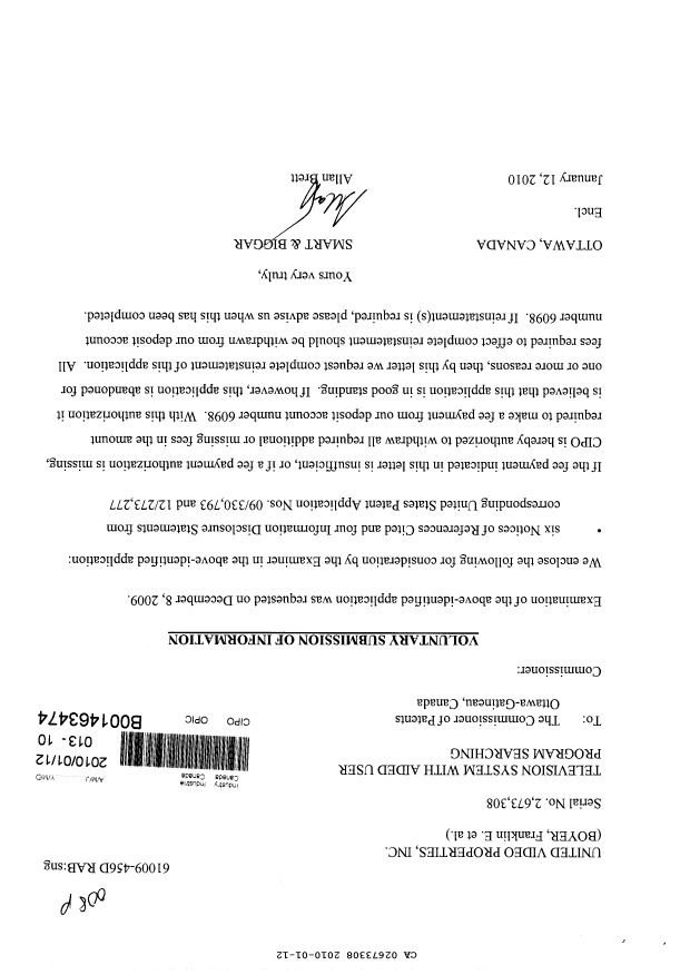 Document de brevet canadien 2673308. Poursuite-Amendment 20100112. Image 1 de 1
