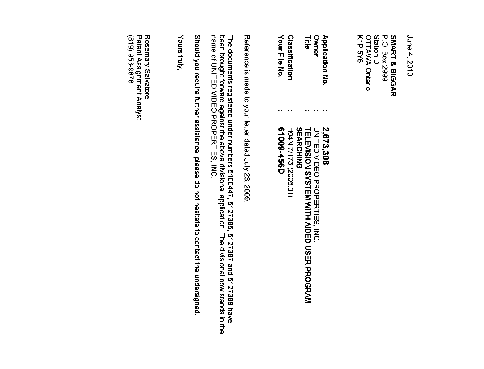 Document de brevet canadien 2673308. Correspondance 20100604. Image 1 de 1