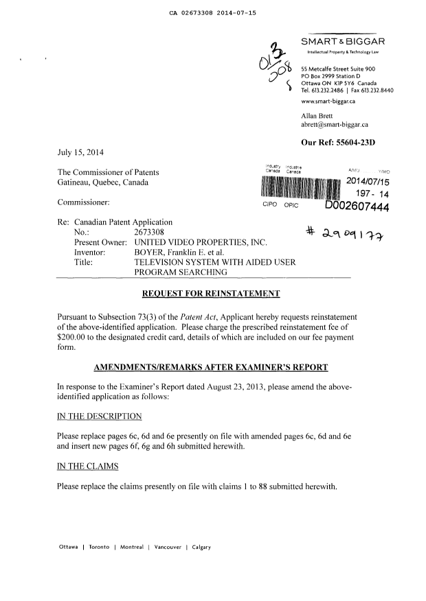Document de brevet canadien 2673308. Poursuite-Amendment 20140715. Image 1 de 53