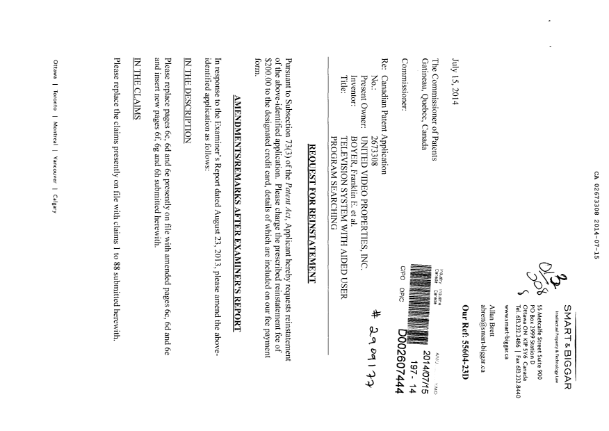 Document de brevet canadien 2673308. Poursuite-Amendment 20140715. Image 1 de 53