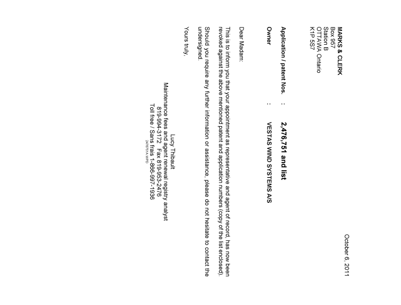 Document de brevet canadien 2673544. Correspondance 20111006. Image 1 de 1