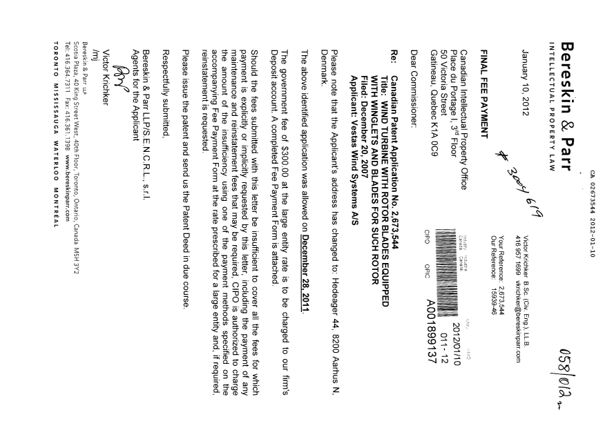 Document de brevet canadien 2673544. Correspondance 20120110. Image 1 de 1