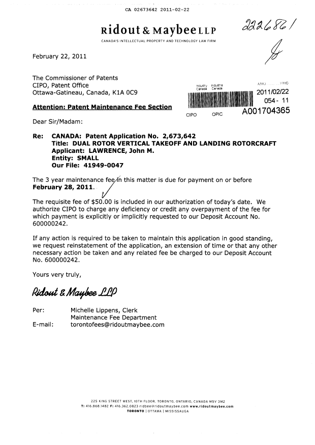 Document de brevet canadien 2673642. Taxes 20110222. Image 1 de 1