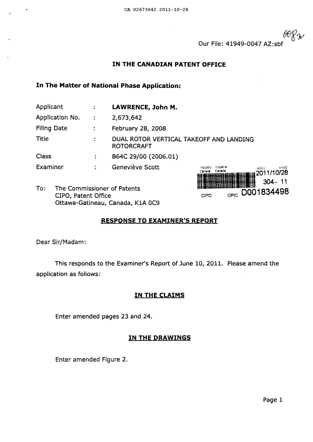 Document de brevet canadien 2673642. Poursuite-Amendment 20111028. Image 1 de 6
