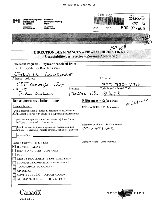 Document de brevet canadien 2673642. Taxes 20130225. Image 1 de 1