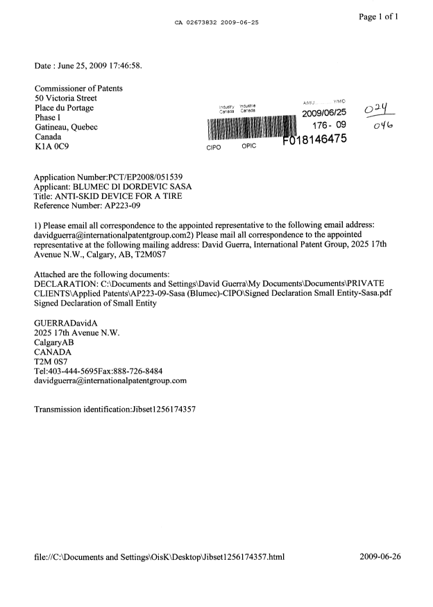 Document de brevet canadien 2673832. Correspondance 20090625. Image 1 de 2