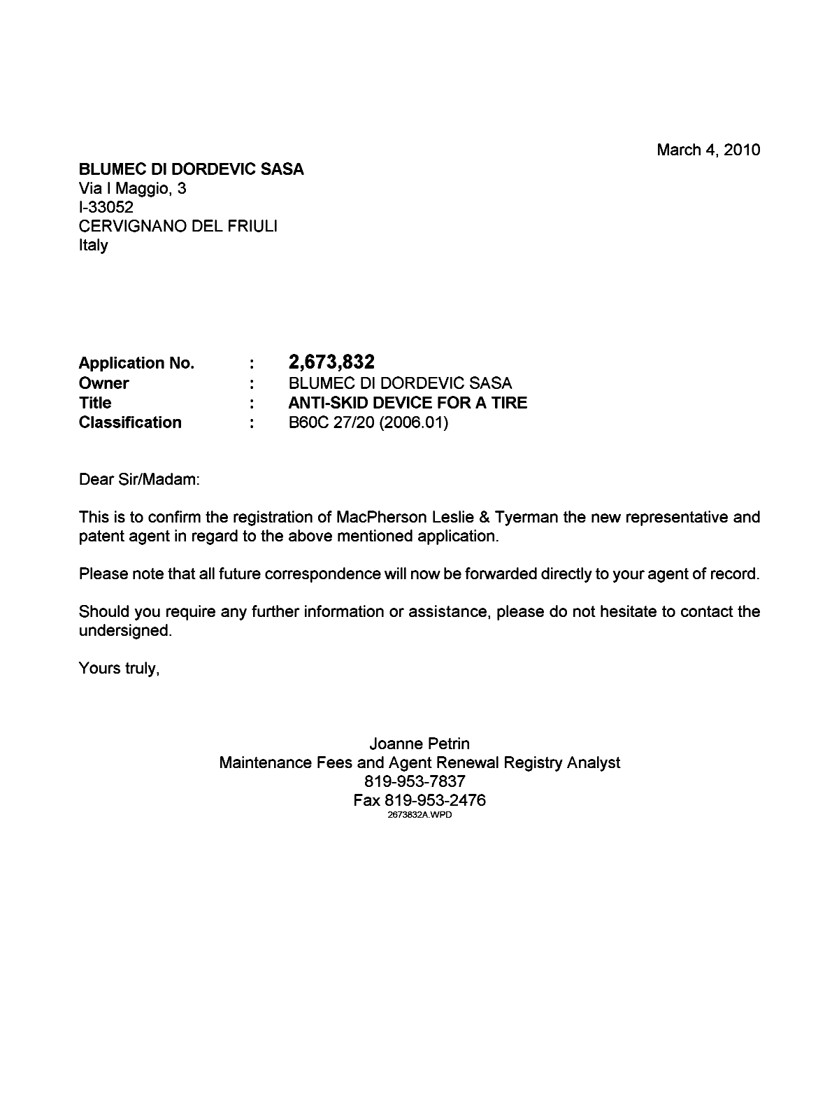 Canadian Patent Document 2673832. Correspondence 20100304. Image 1 of 1