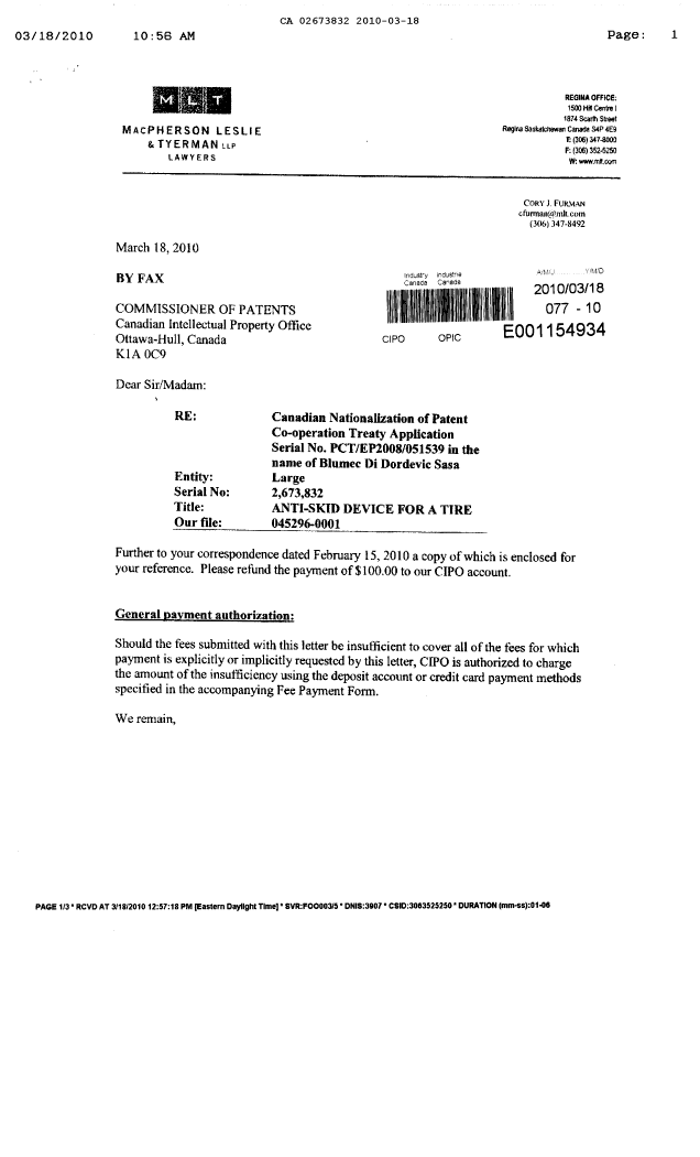 Document de brevet canadien 2673832. Correspondance 20100318. Image 1 de 3