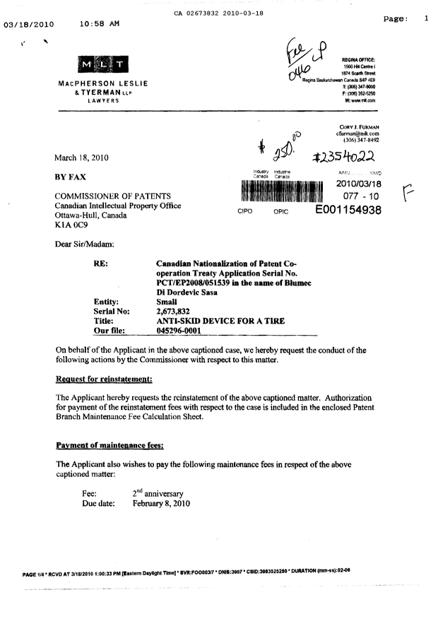 Document de brevet canadien 2673832. Correspondance 20100318. Image 1 de 2