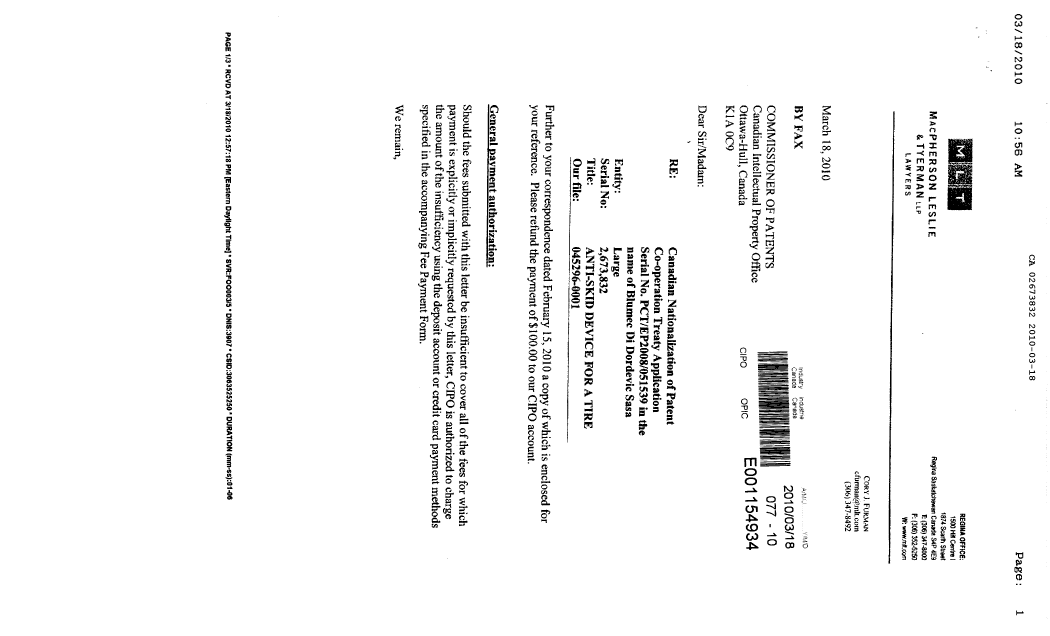 Canadian Patent Document 2673832. Correspondence 20100318. Image 1 of 3