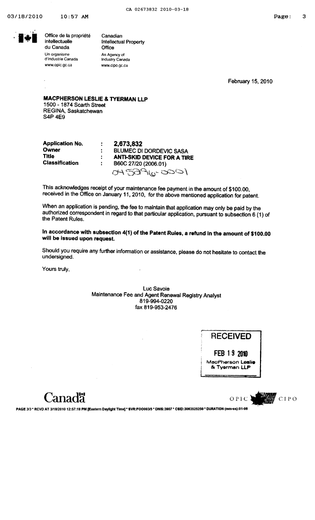 Canadian Patent Document 2673832. Correspondence 20100318. Image 3 of 3