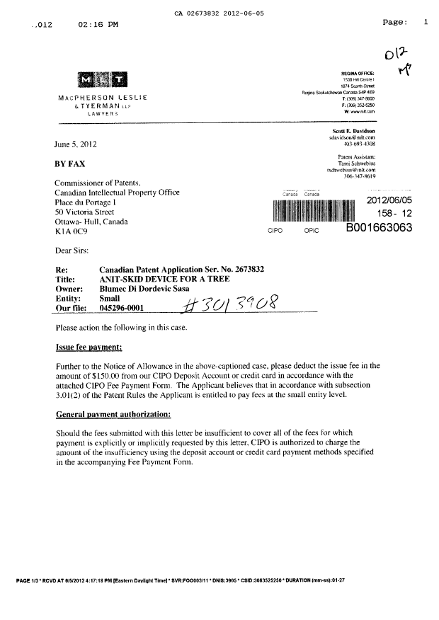 Document de brevet canadien 2673832. Correspondance 20120605. Image 1 de 2
