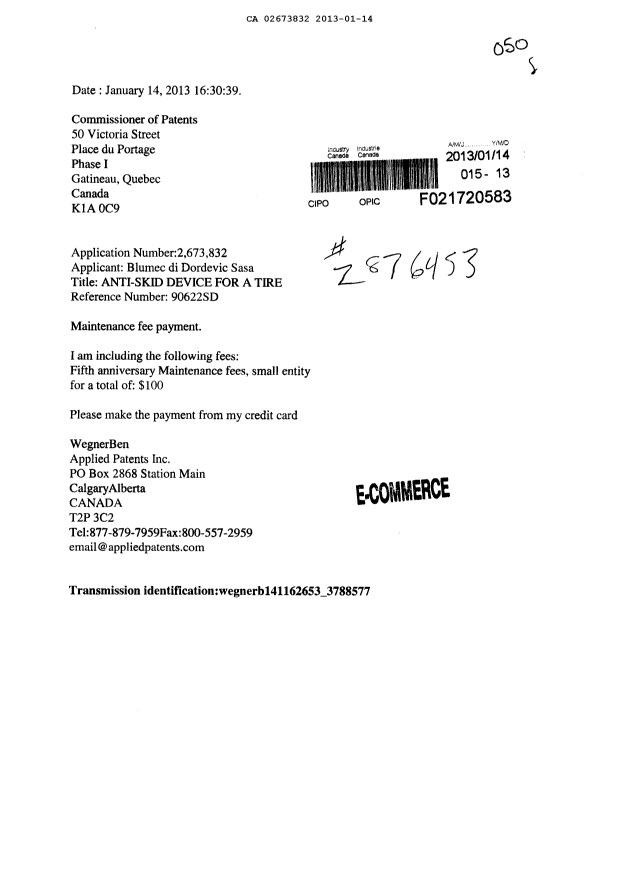 Document de brevet canadien 2673832. Taxes 20130114. Image 1 de 1
