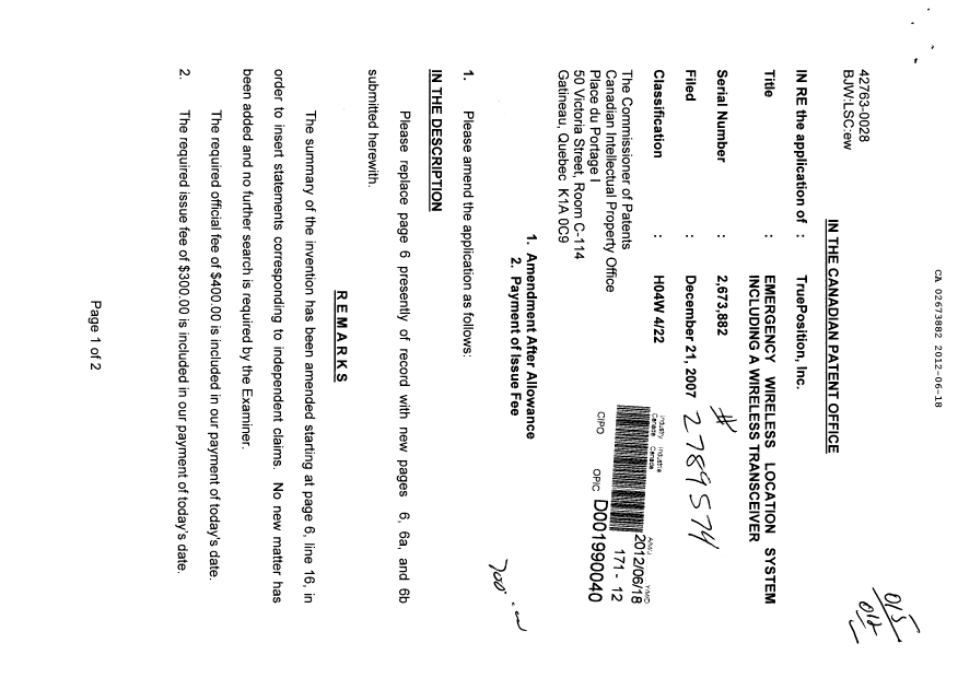 Canadian Patent Document 2673882. Correspondence 20120618. Image 1 of 2