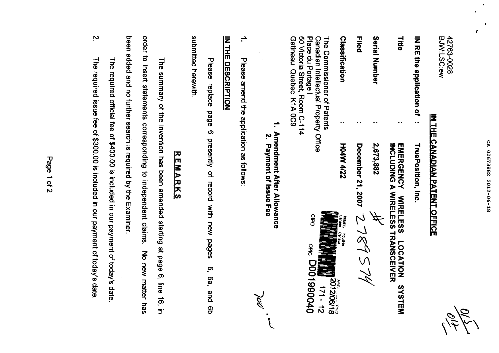 Canadian Patent Document 2673882. Correspondence 20120618. Image 1 of 2