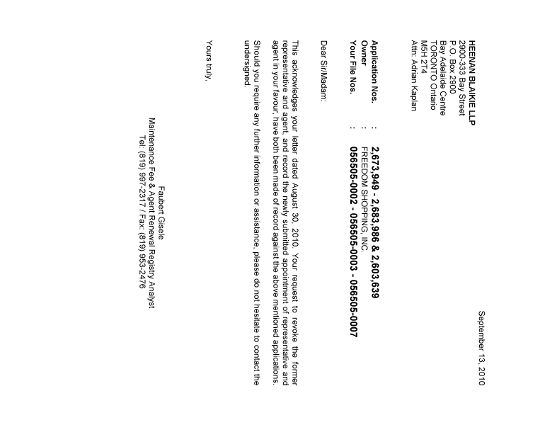 Document de brevet canadien 2673949. Correspondance 20100913. Image 1 de 1