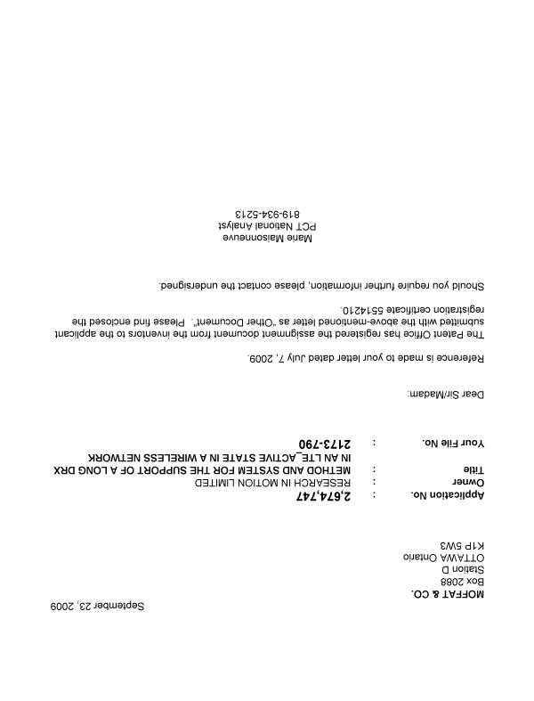 Canadian Patent Document 2674747. Correspondence 20090923. Image 1 of 1