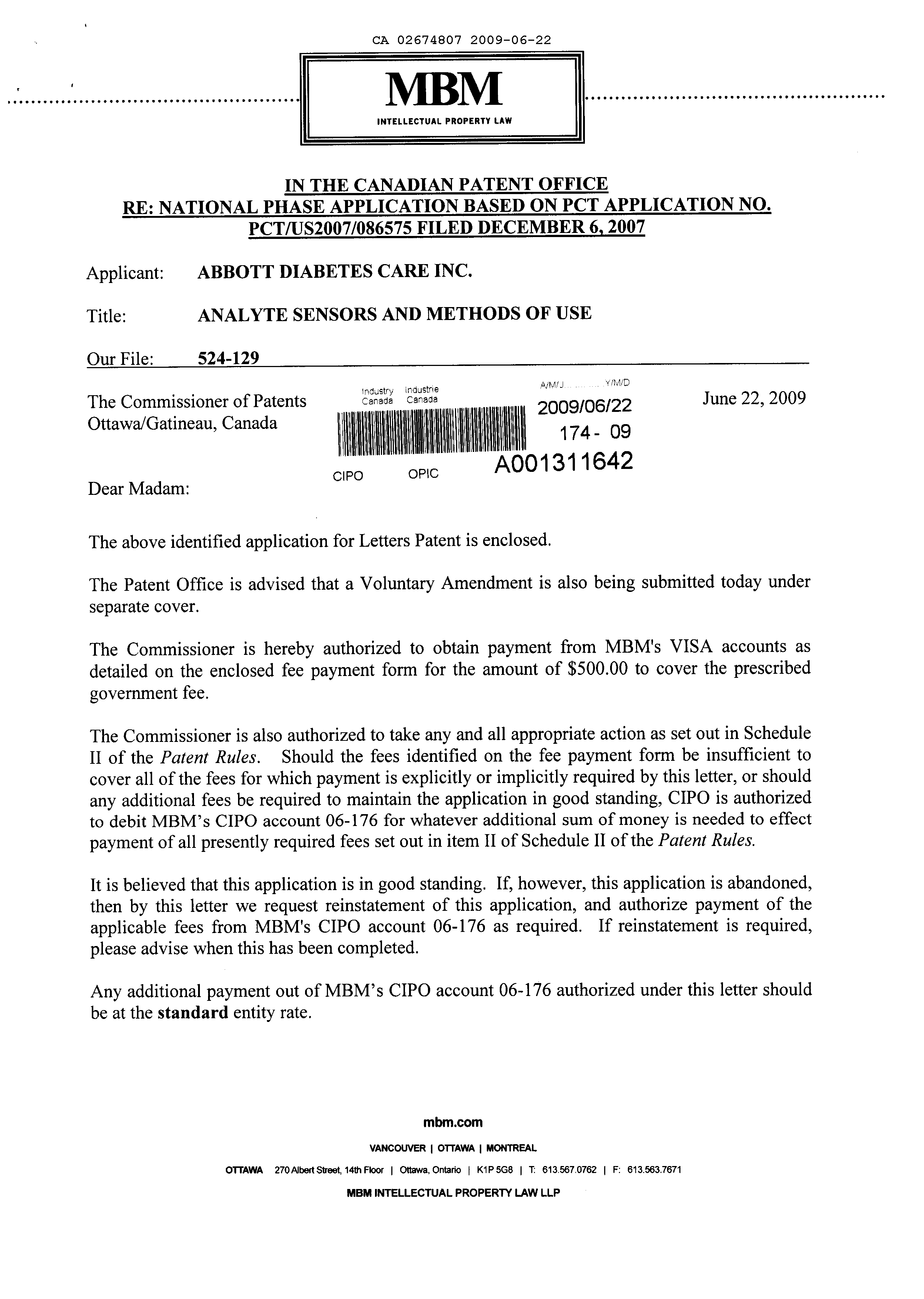 Canadian Patent Document 2674807. Assignment 20090622. Image 1 of 4