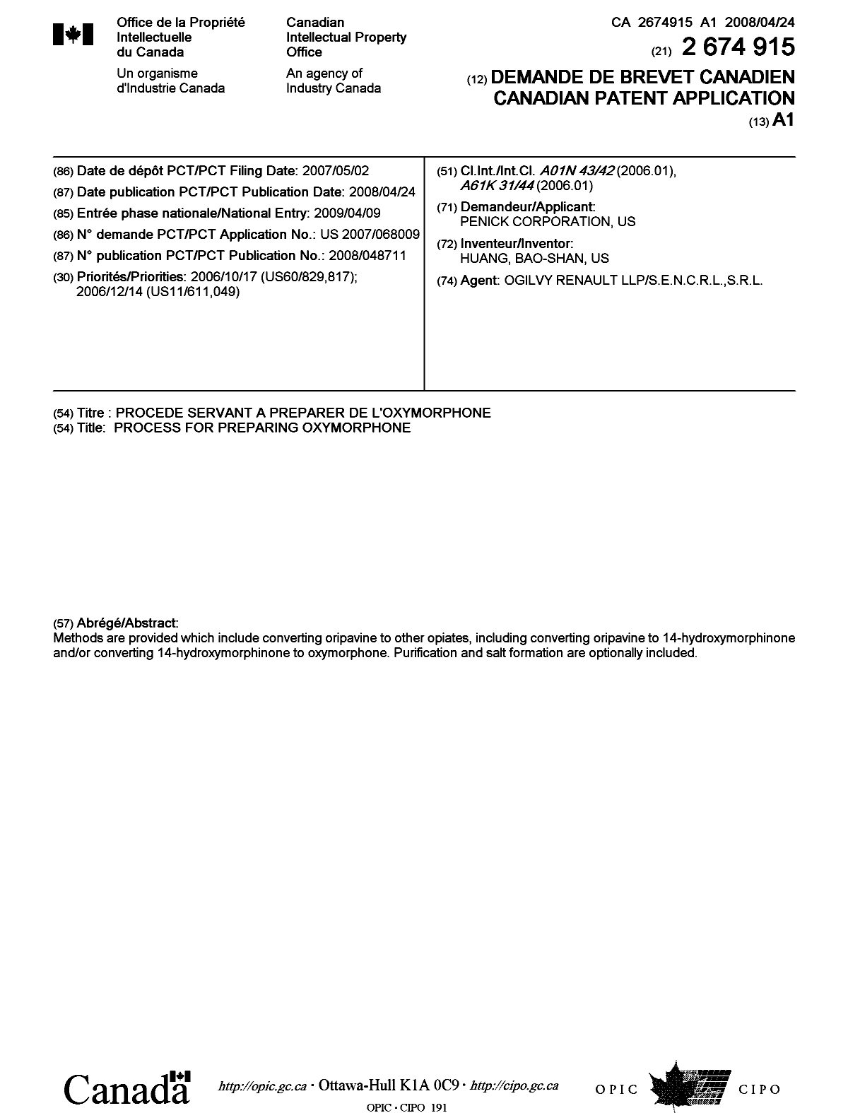 Canadian Patent Document 2674915. Cover Page 20091112. Image 1 of 1