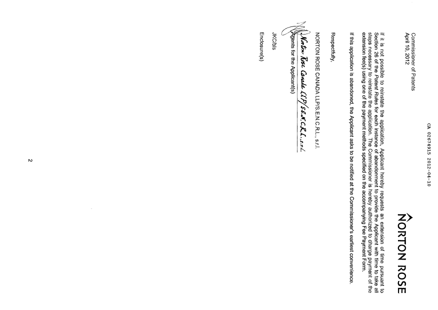 Document de brevet canadien 2674915. Poursuite-Amendment 20111210. Image 2 de 2
