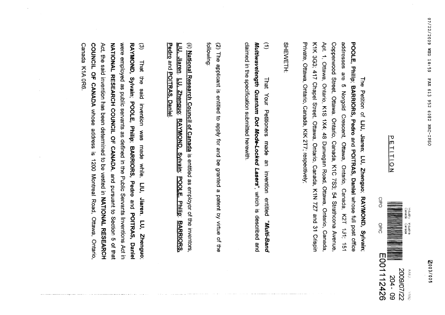 Document de brevet canadien 2674959. Cession 20090722. Image 1 de 2