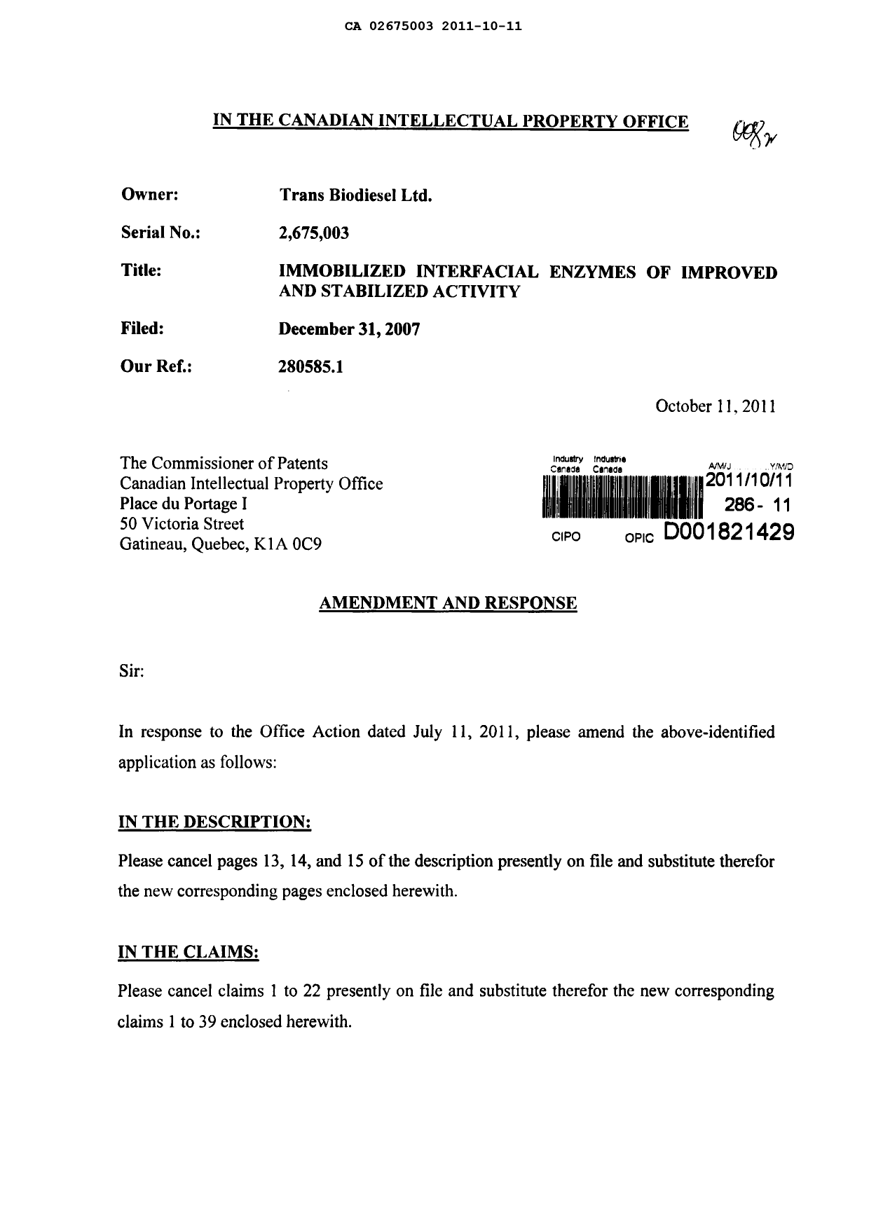 Canadian Patent Document 2675003. Prosecution-Amendment 20101211. Image 1 of 22