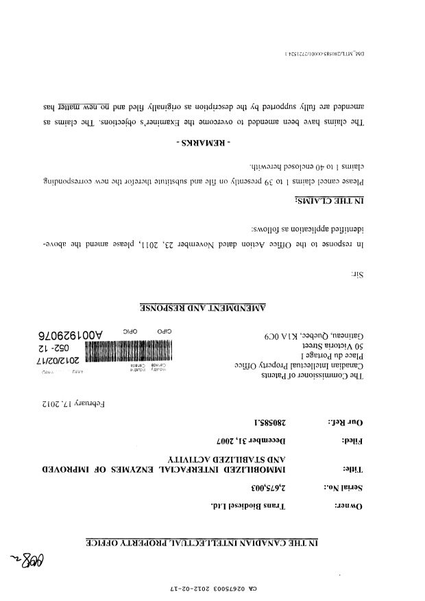 Canadian Patent Document 2675003. Prosecution-Amendment 20111217. Image 1 of 13