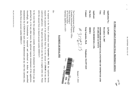 Document de brevet canadien 2675003. Correspondance 20121207. Image 1 de 2