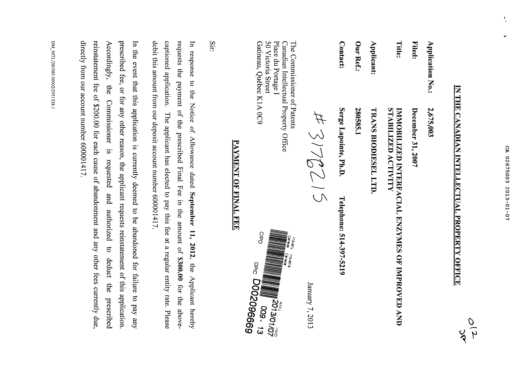 Document de brevet canadien 2675003. Correspondance 20121207. Image 1 de 2