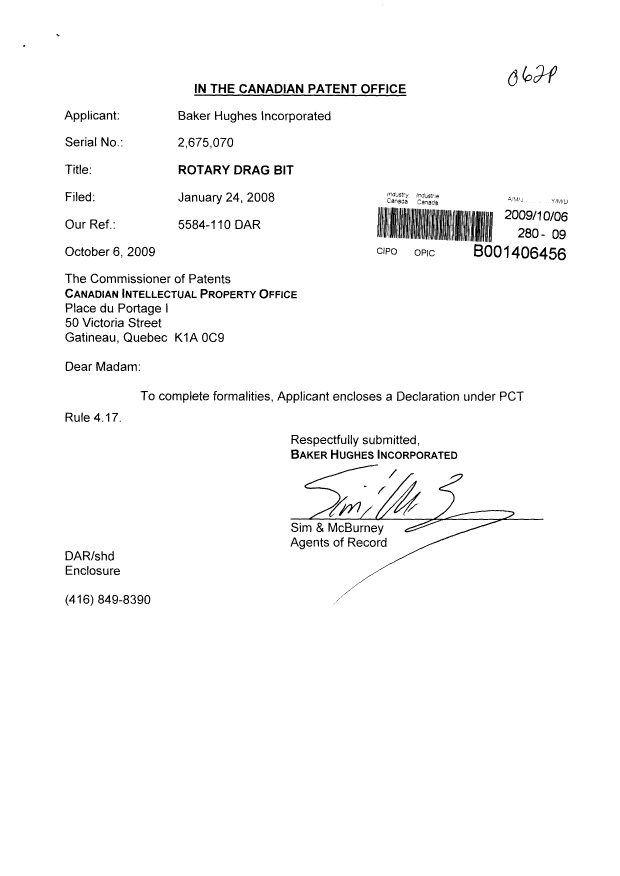 Document de brevet canadien 2675070. Correspondance 20091006. Image 1 de 3