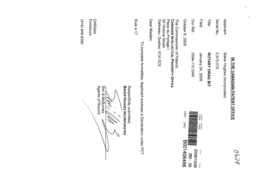 Canadian Patent Document 2675070. Correspondence 20091006. Image 1 of 3