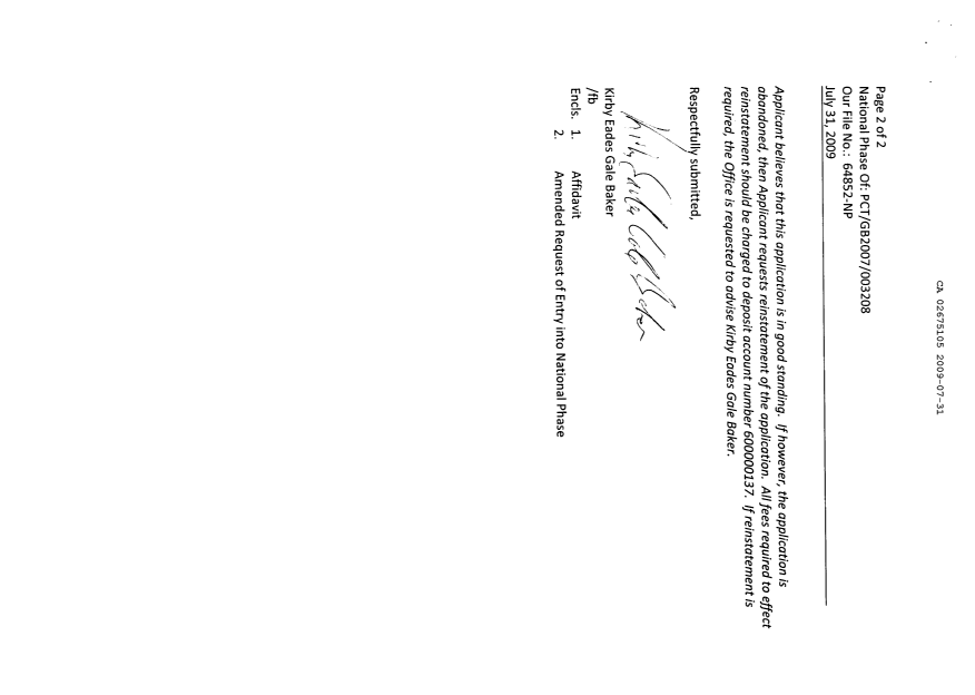 Document de brevet canadien 2675105. Correspondance 20090731. Image 2 de 4