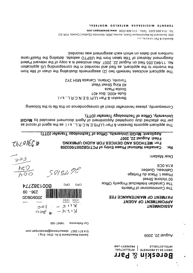 Document de brevet canadien 2675105. Correspondance 20090820. Image 1 de 3