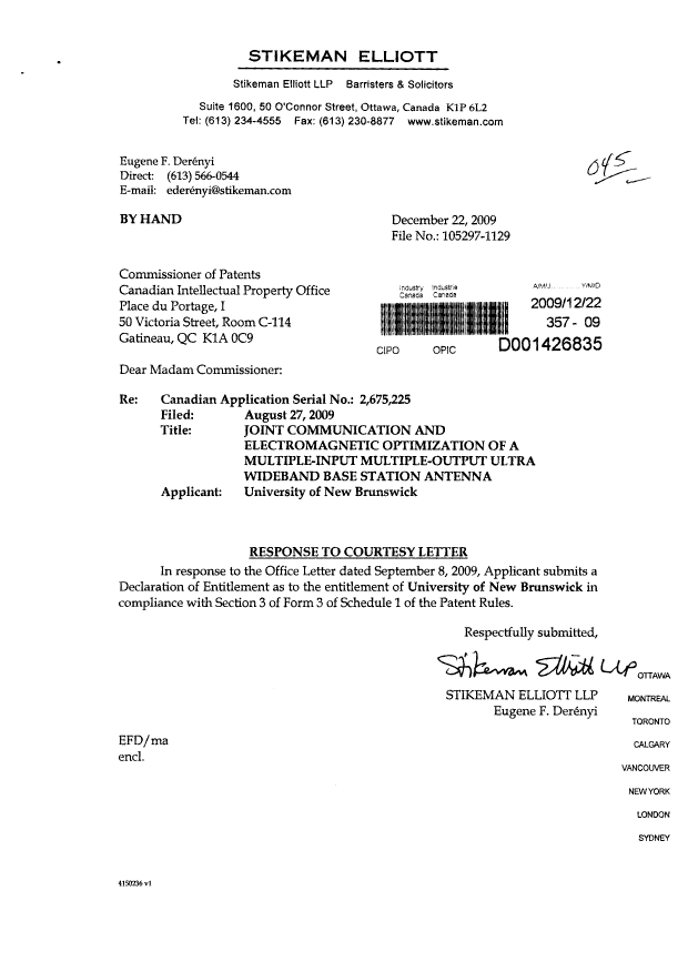 Canadian Patent Document 2675225. Correspondence 20091222. Image 1 of 3
