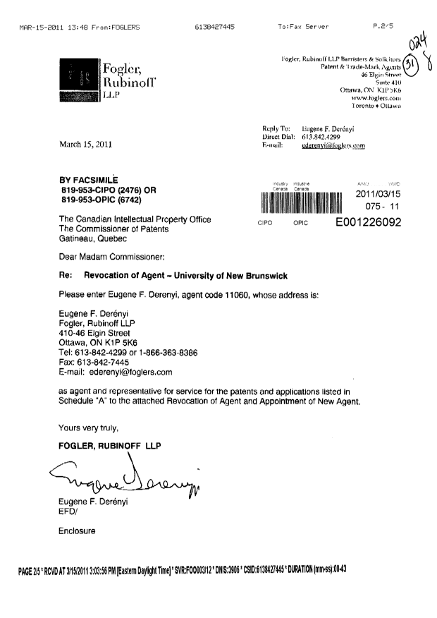 Canadian Patent Document 2675225. Correspondence 20110315. Image 1 of 5