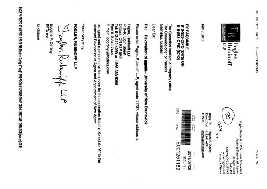 Document de brevet canadien 2675225. Correspondance 20110708. Image 1 de 5