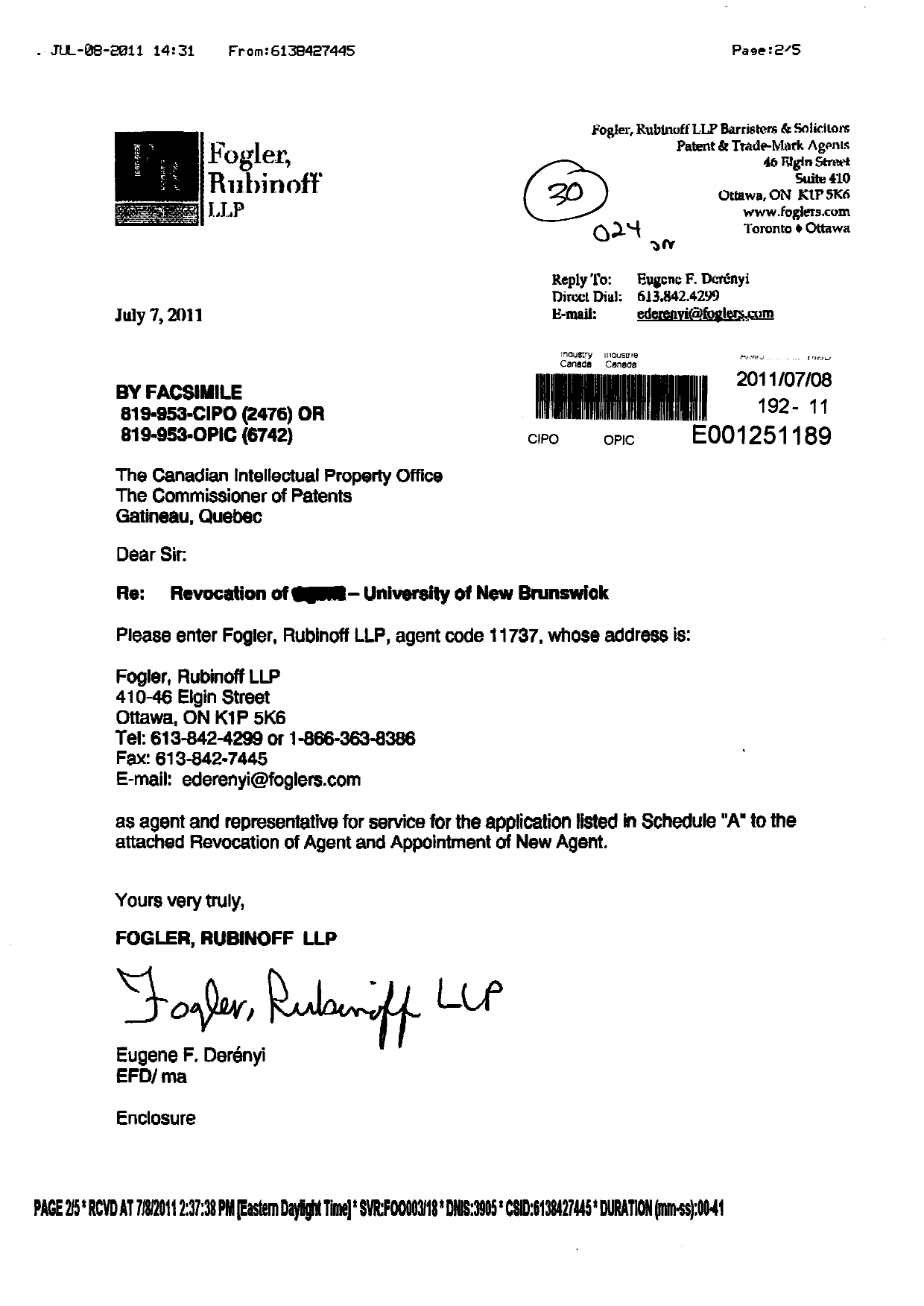 Document de brevet canadien 2675225. Correspondance 20110708. Image 1 de 5