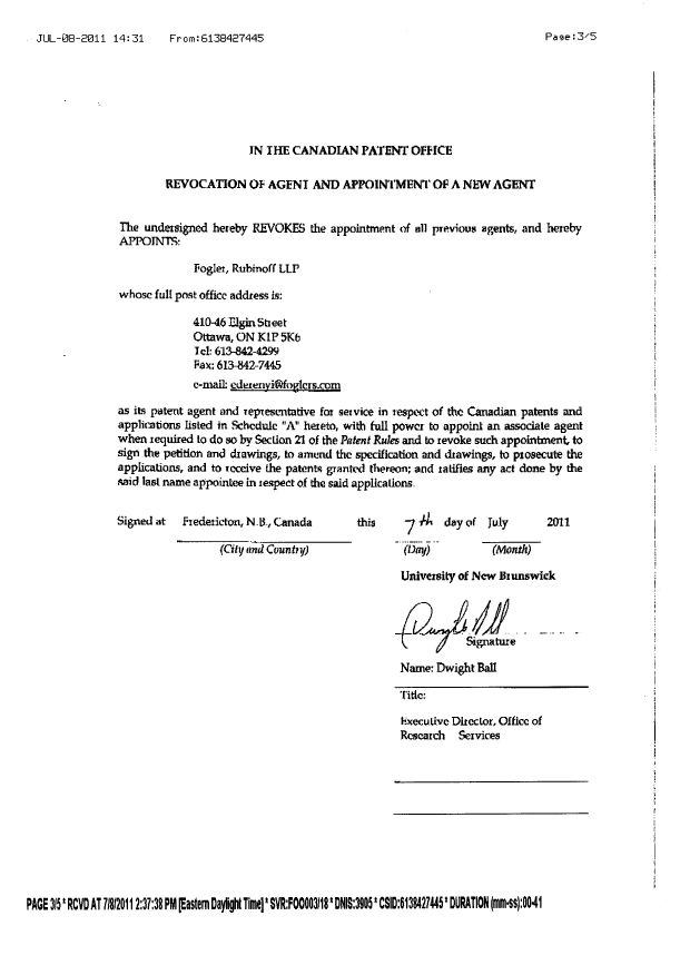 Document de brevet canadien 2675225. Correspondance 20110708. Image 2 de 5