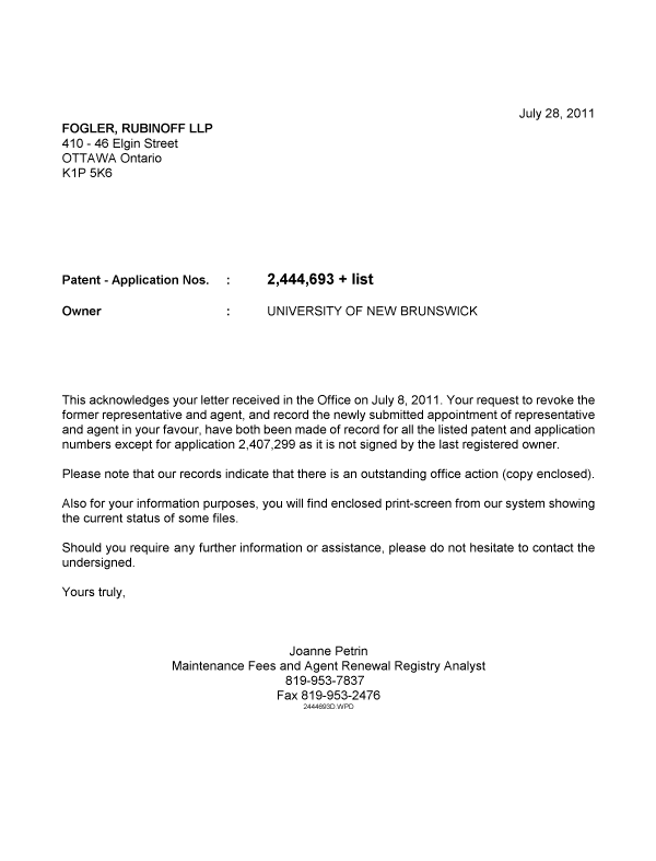 Canadian Patent Document 2675225. Correspondence 20110728. Image 1 of 1