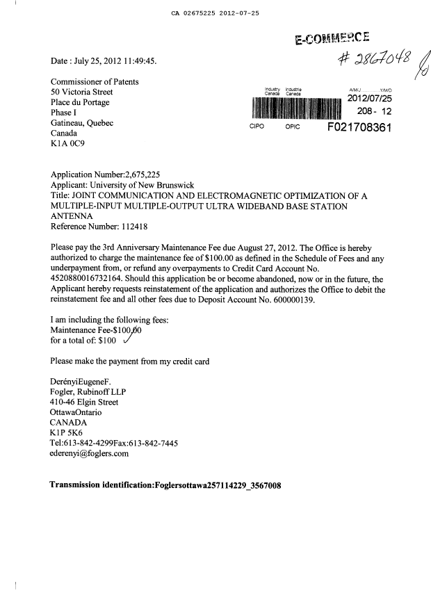 Document de brevet canadien 2675225. Taxes 20120725. Image 1 de 1