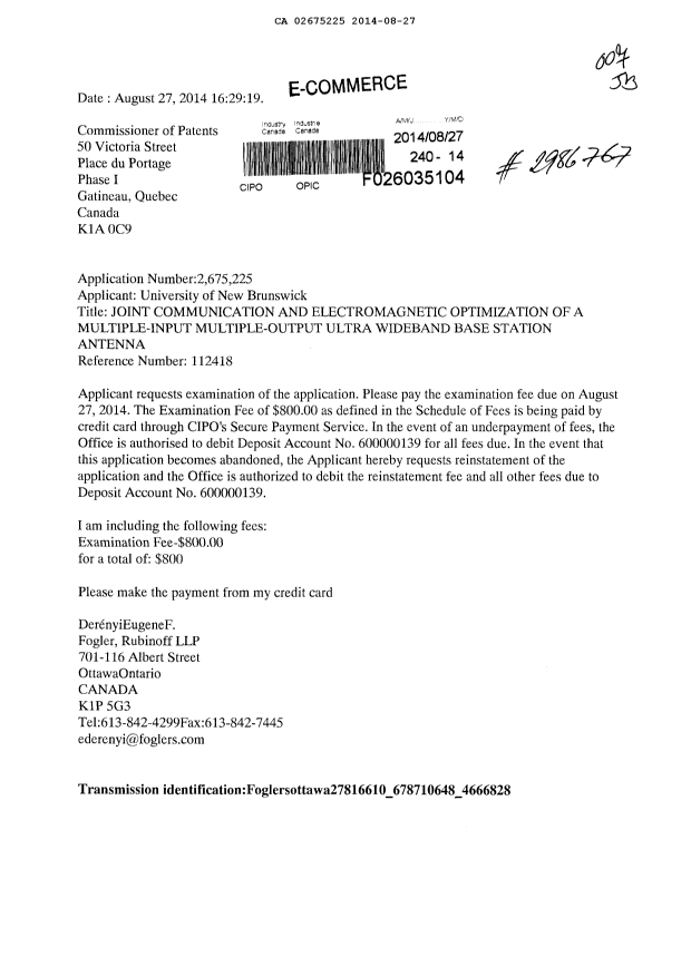 Canadian Patent Document 2675225. Prosecution-Amendment 20140827. Image 1 of 1