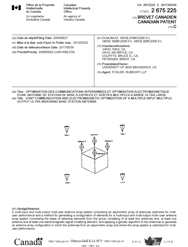 Canadian Patent Document 2675225. Cover Page 20170427. Image 1 of 1