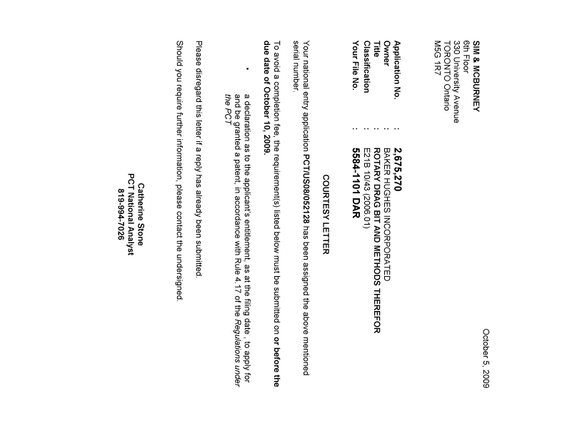 Document de brevet canadien 2675270. Correspondance 20091005. Image 1 de 1