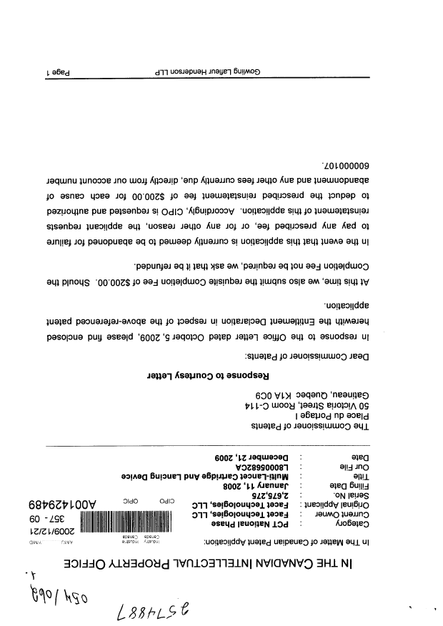 Document de brevet canadien 2675275. Correspondance 20081221. Image 1 de 4