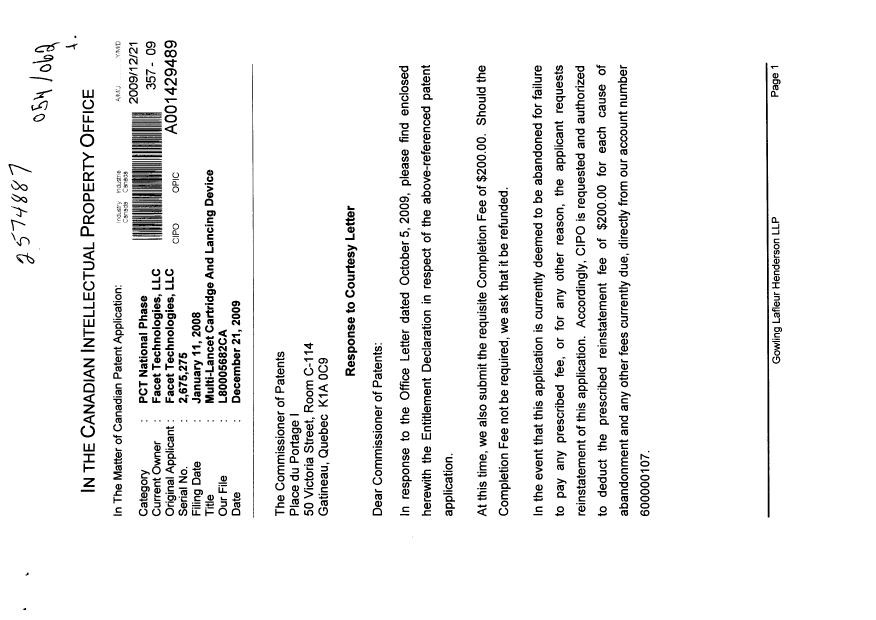 Canadian Patent Document 2675275. Correspondence 20081221. Image 1 of 4