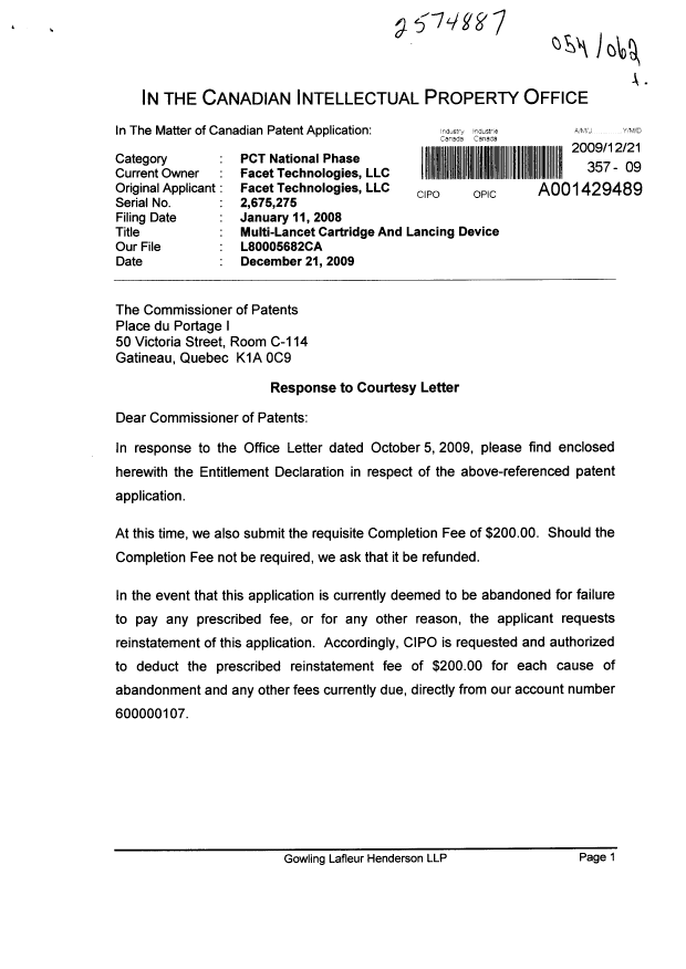 Document de brevet canadien 2675275. Correspondance 20091221. Image 1 de 4
