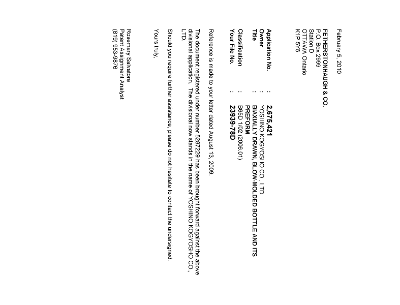 Document de brevet canadien 2675421. Correspondance 20100206. Image 1 de 1