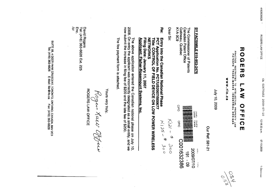 Document de brevet canadien 2675452. Correspondance 20090710. Image 1 de 1