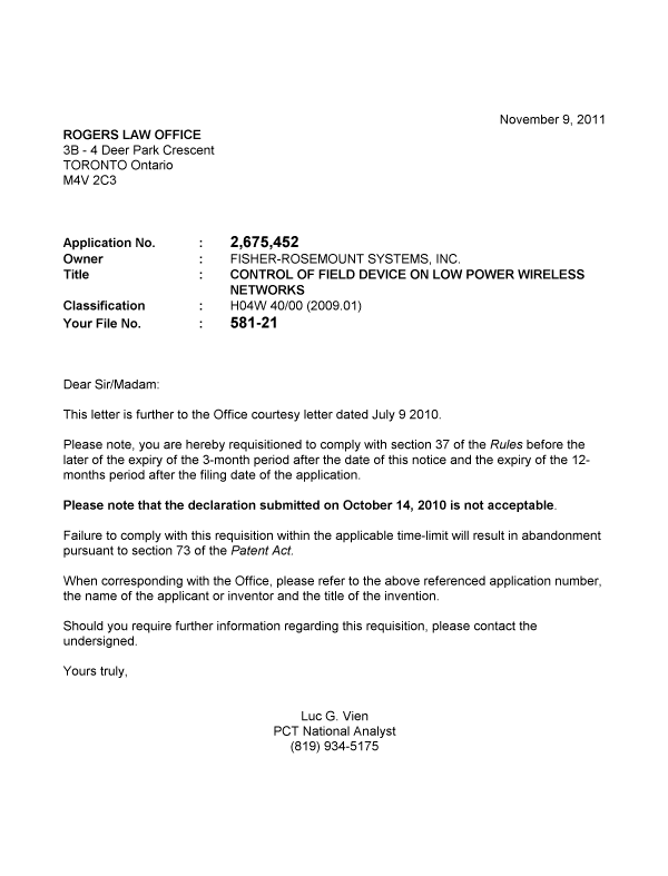 Document de brevet canadien 2675452. Correspondance 20101209. Image 1 de 1