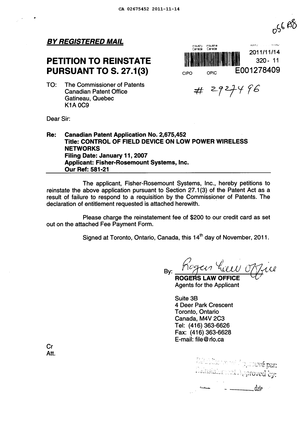 Canadian Patent Document 2675452. Correspondence 20111114. Image 2 of 4